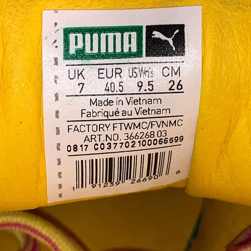 Puma Womens ‘Cleated Creeper’ Yellow Suede Platform Sneakers with Pink Stripe